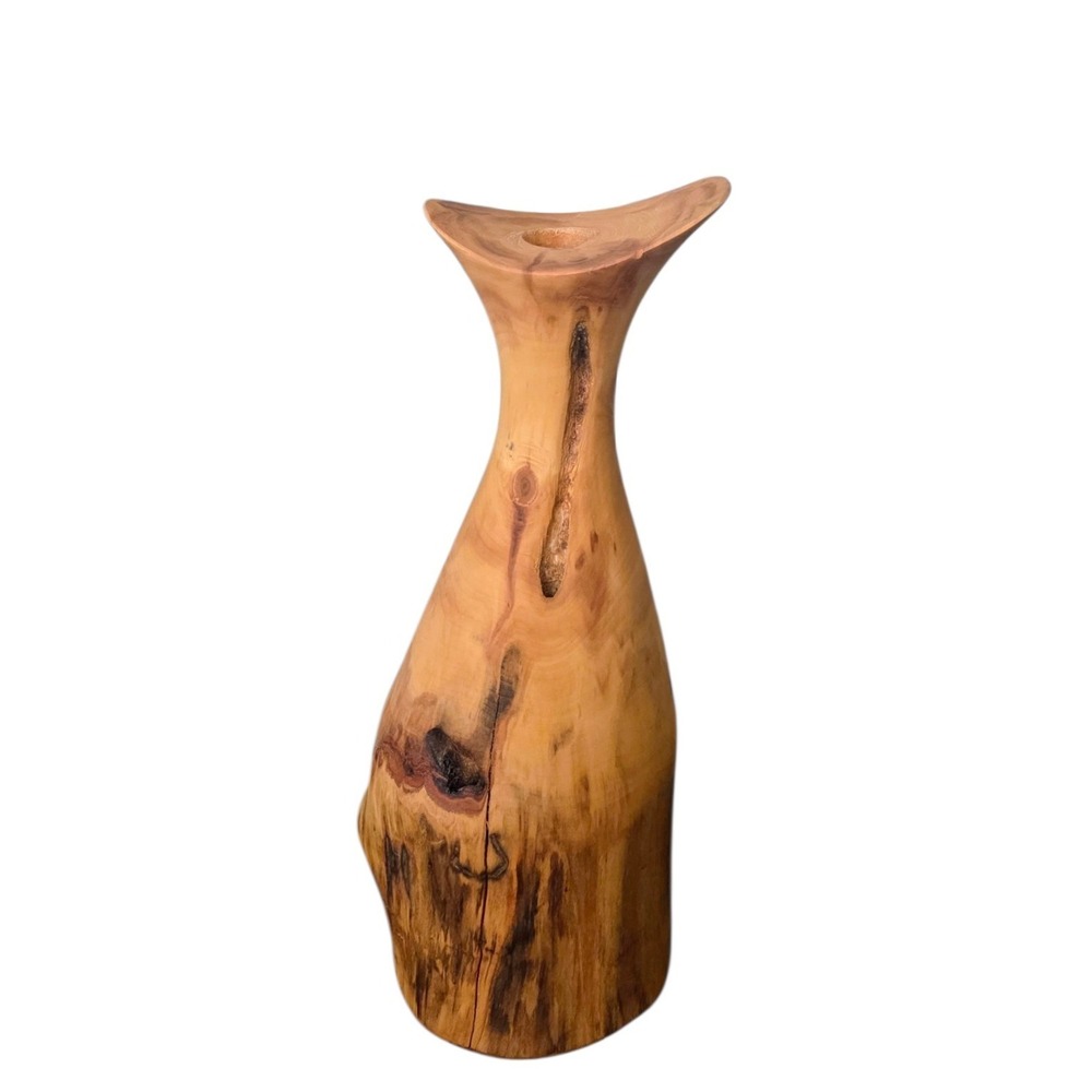 Turned Wooden Vase Rustic Knotty Asymmetrical Flared Rim Solid Piece of Wood 15"